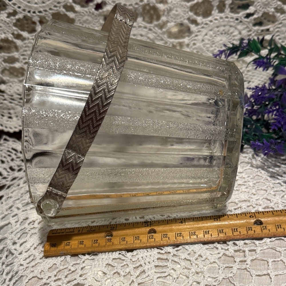 Ice Bucket with Frosted Striped Glass and has an Etched Handle and Tongs - Picture 12 of 16